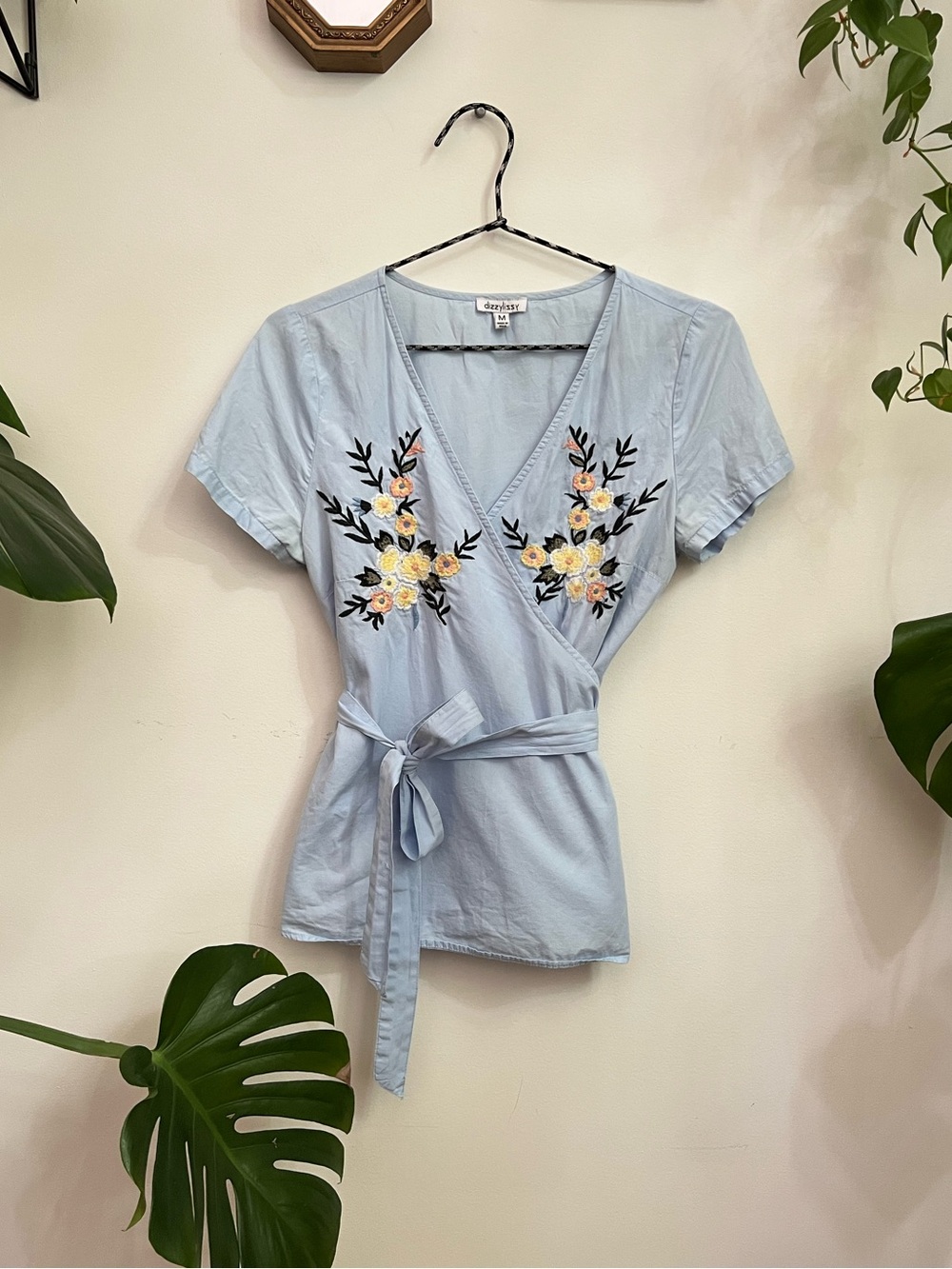 Floral Light Blue Embroidered Wrap Top